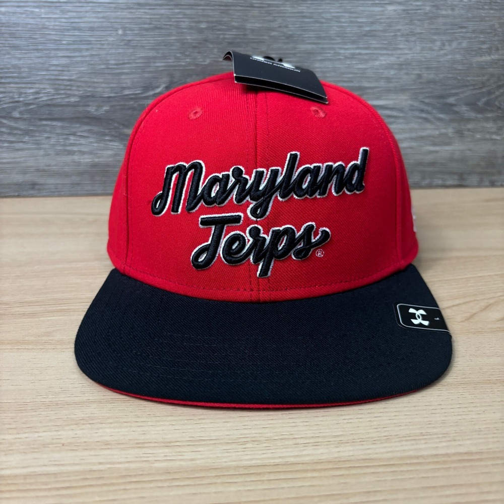 Maryland Terrapins Hat Cap Fitted Mens Large Red Script College Under Armour NWT